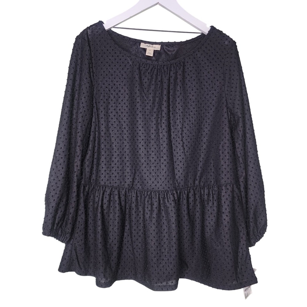 Style & Co Black Peplum Top S Swiss Dot 3/4 Sleeves Semi Sheer Boho